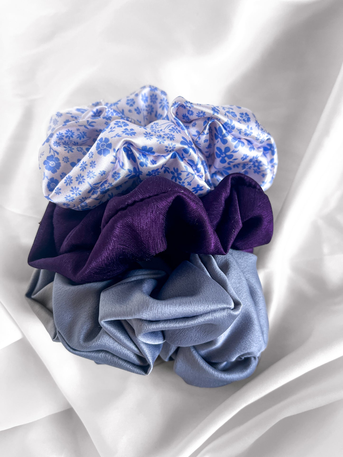 Periwinkle Floral Satin Scrunchie