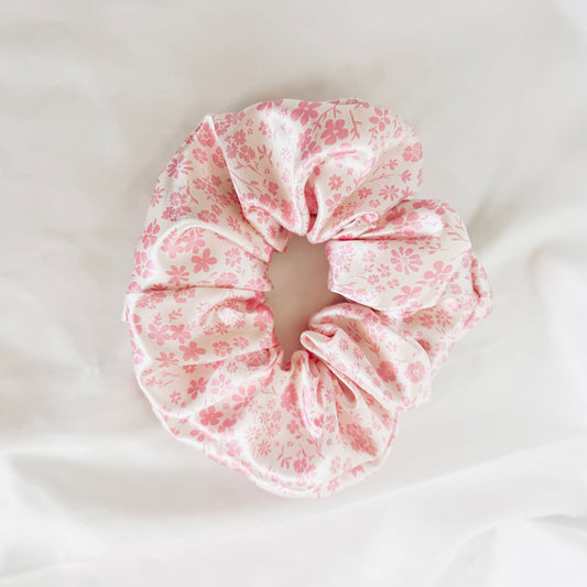 Pink Floral Satin Scrunchie
