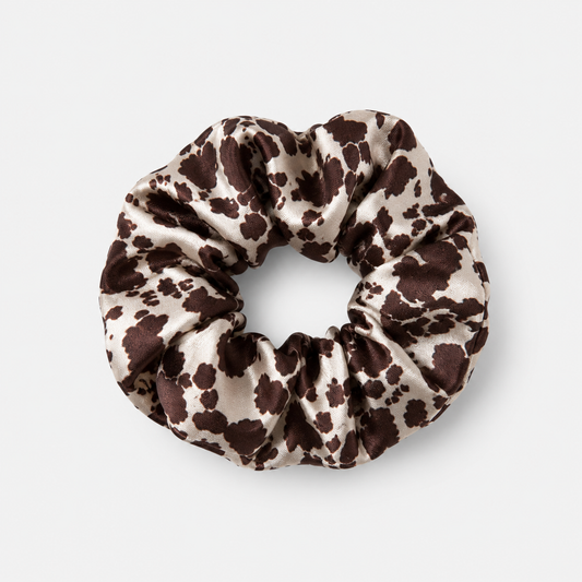 Brown Cow Print Satin Scrunchie